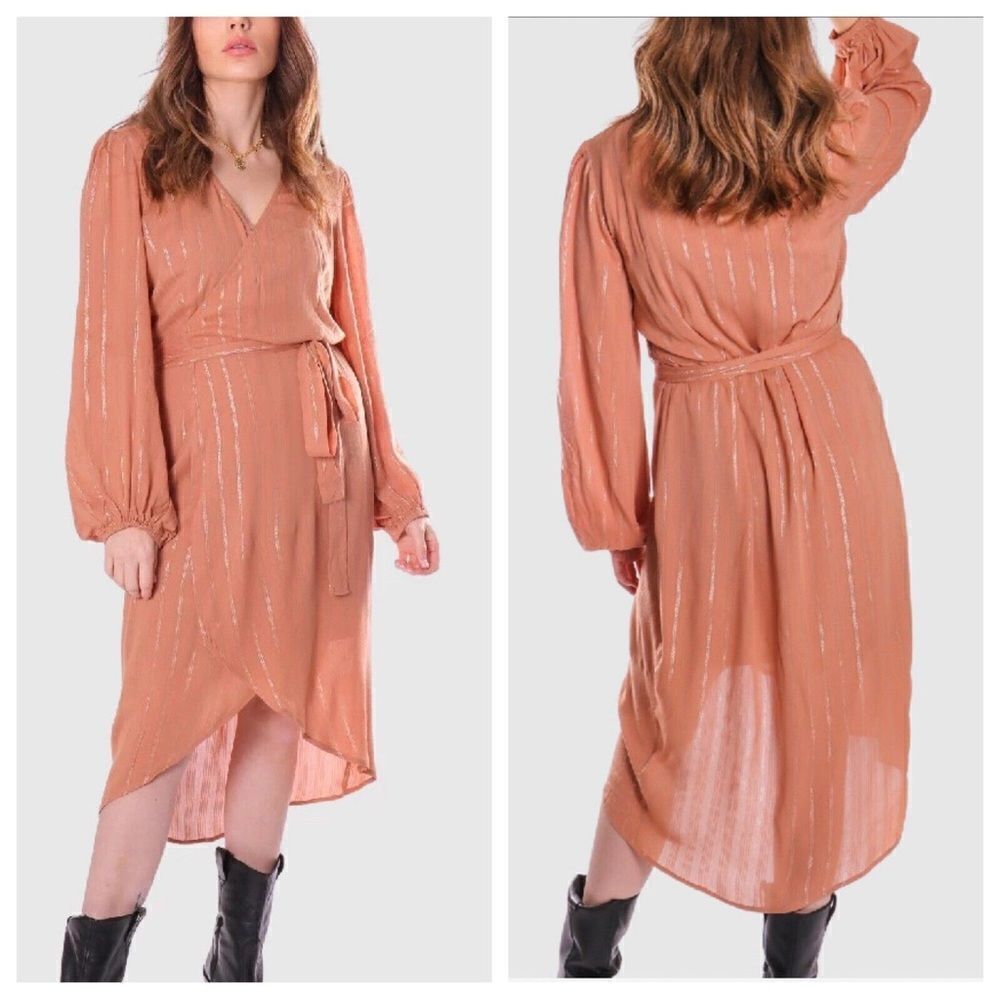NWT Traffic People‎ TP Brown Gold Metallic Stripe Wrap Dress Size small S midi